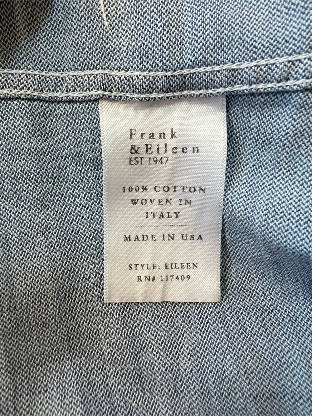 Frank & Eileen Barry Long Sleeved Distressed Hem Denim Blue Button-Up Shirt, M - Picture 8 of 11
